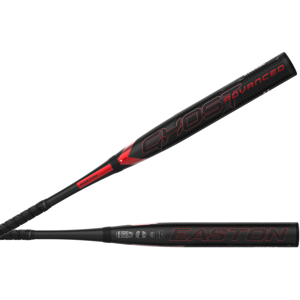 The 2024 Easton Ghost Advanced (-11) Fastpitch Softball Bat (EFP4GHAD11) features Double Barrel 3 technology in a black and red design.
