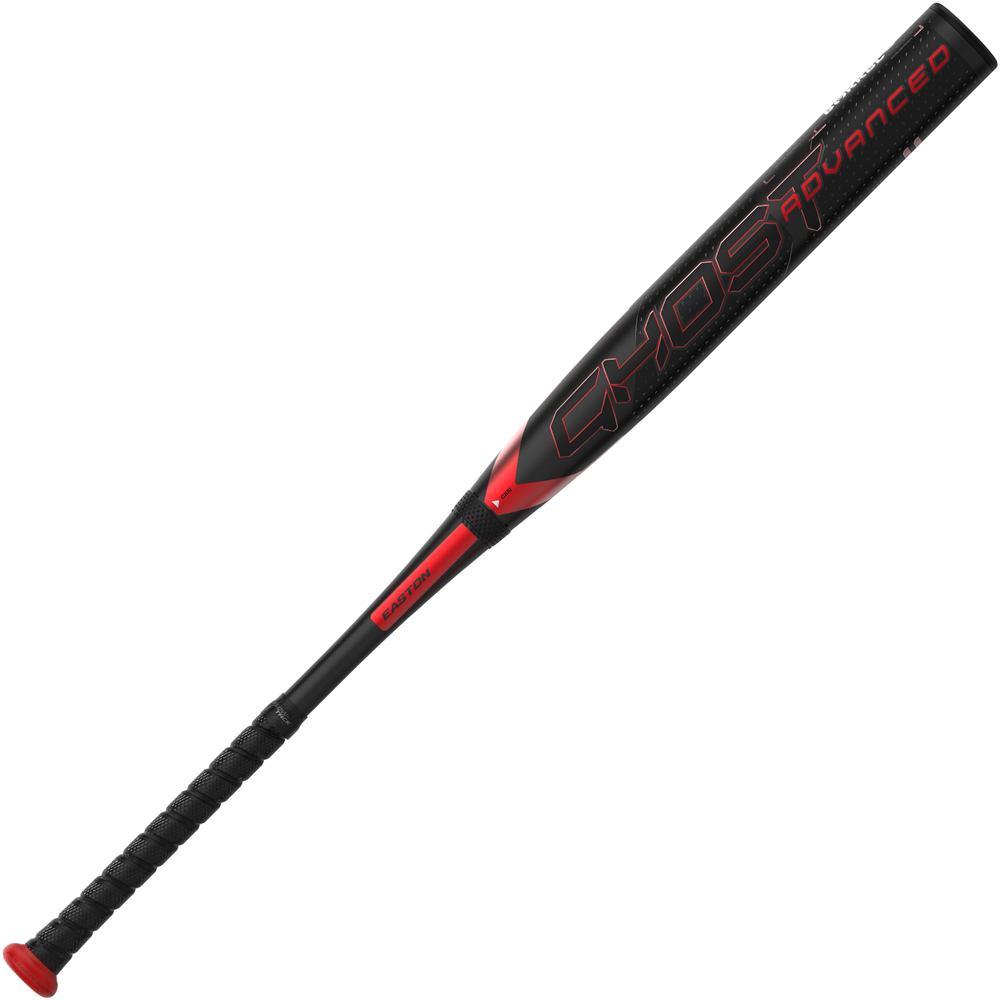 The 2024 Easton Ghost Advanced (-11) Fastpitch Softball Bat features Double Barrel 3 technology and a textured grip handle in black and red, shown diagonally on a white background.