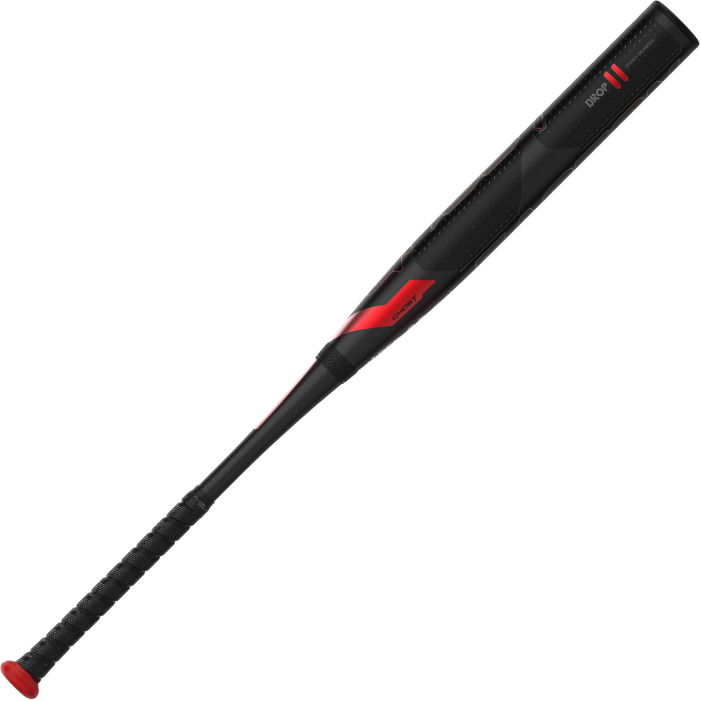 The 2024 Easton Ghost Advanced (-11) Fastpitch Softball Bat by Easton features a black and red design, textured grip handle, sleek look, and Double Barrel 3 technology. Displayed on a white background.