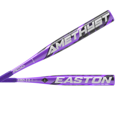 Two 2025 Easton Amethyst (-11) Fastpitch Softball Bats (EFP5AMY11) in purple and black, featuring AMETHYST and EASTON in bold silver letters; both the barrel and side views of these standout youth bats are displayed.