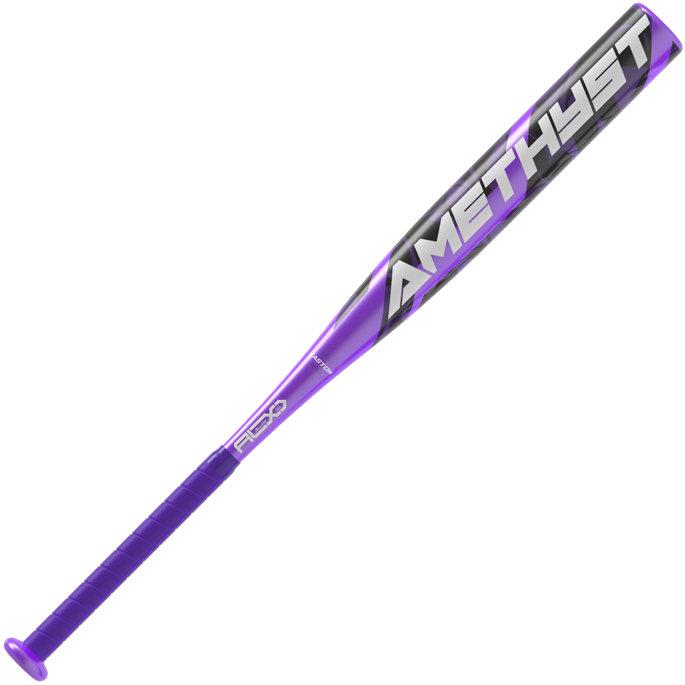 The 2025 Easton Amethyst (-11) Fastpitch Softball Bat (EFP5AMY11) features a purple and black design, AMETHYST in bold silver letters on the barrel, and a textured purple grip.