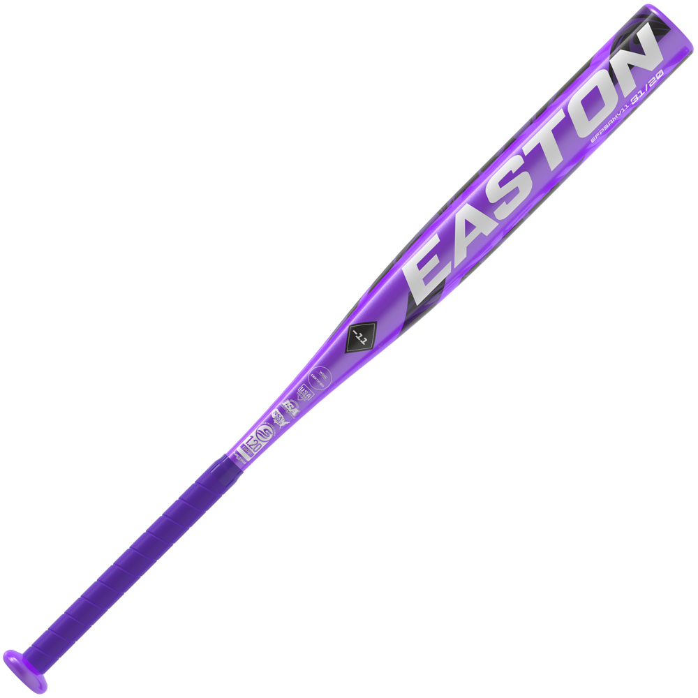 The 2025 Easton Amethyst (-11) Fastpitch Softball Bat (EFP5AMY11) features a purple and black design, black grip, and large silver EASTON branding along the barrel, shown against a white background.