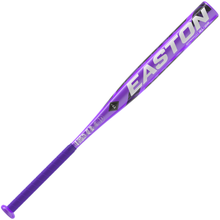 The 2025 Easton Amethyst (-11) Fastpitch Softball Bat (EFP5AMY11) features a purple and black design, black grip, and large silver EASTON branding along the barrel, shown against a white background.