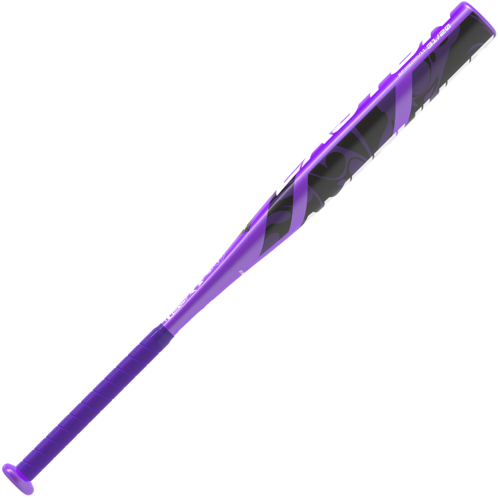 The 2025 Easton Amethyst (-11) Fastpitch Softball Bat by Easton features a purple handle and a glossy black barrel with bold purple spiral designs—ideal for players who want standout style and performance on the field.