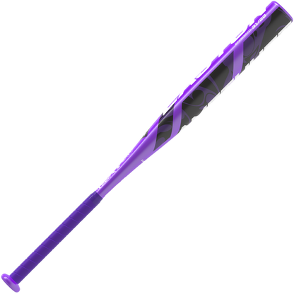 The 2025 Easton Amethyst (-11) Fastpitch Softball Bat by Easton features a purple handle and a glossy black barrel with bold purple spiral designs—ideal for players who want standout style and performance on the field.