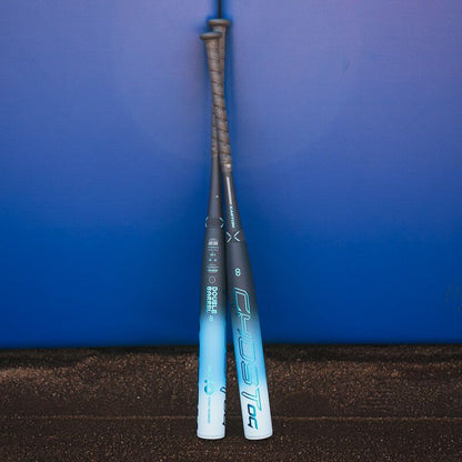 Two blue and black Easton 2025 Ghost OG (-11) Fastpitch Softball Bats with white handles stand upright side by side, showcasing innovative Double Barrel construction for enhanced performance.