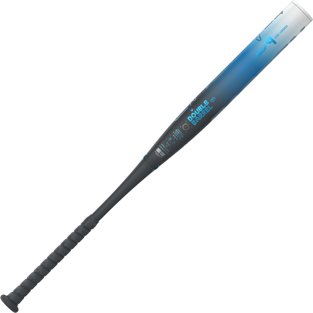 A black and blue 2025 Easton Ghost OG (-9) Fastpitch Softball Bat (EFP5GHOG9) by Easton, with a textured grip handle, is displayed on a white background. The bat is designed for top performance in fastpitch softball.
