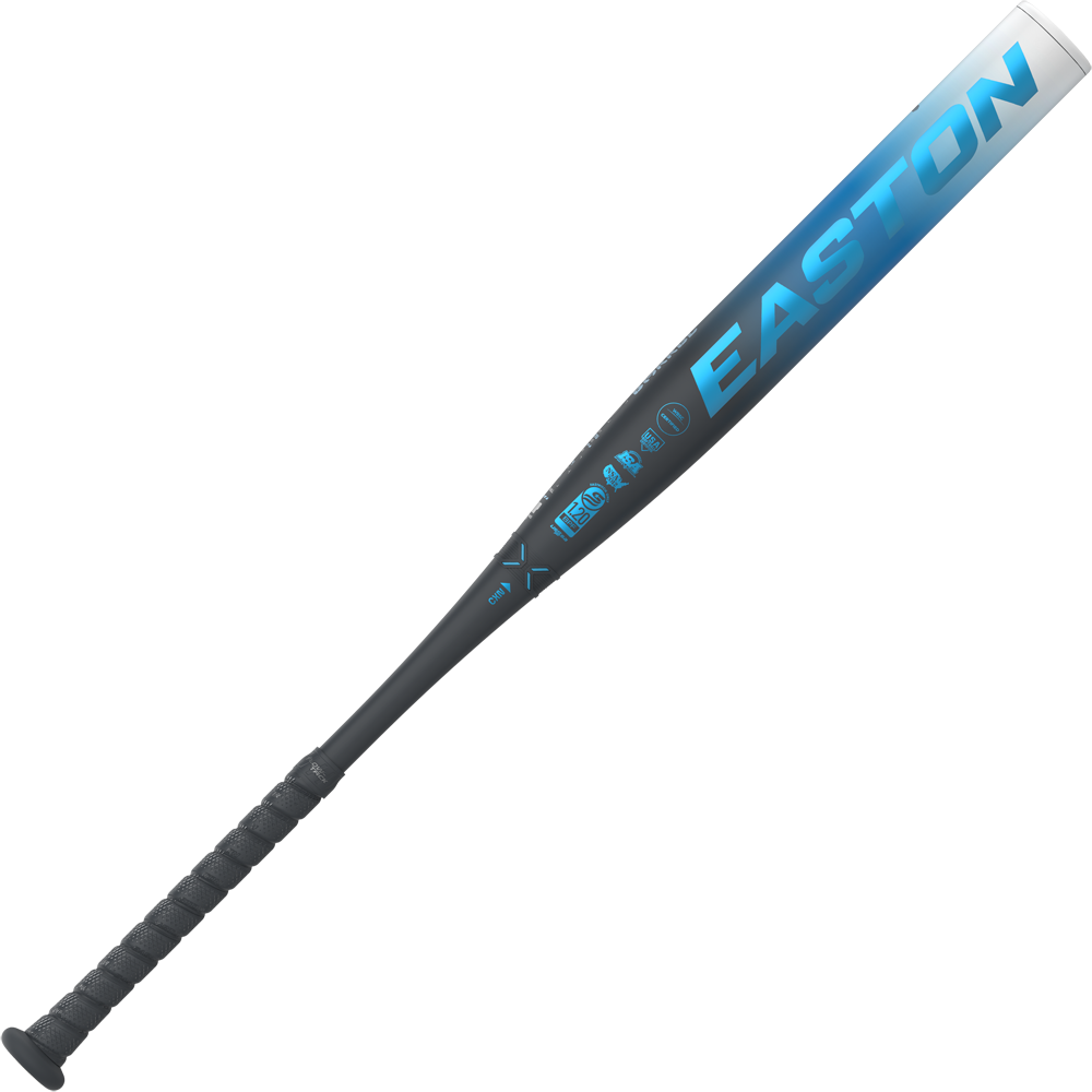 The 2025 Easton Ghost OG (-9) Fastpitch Softball Bat features a blue and black design, textured black handle, large EASTON logo on the barrel, and advanced Sonic Comp technology for powerful performance.