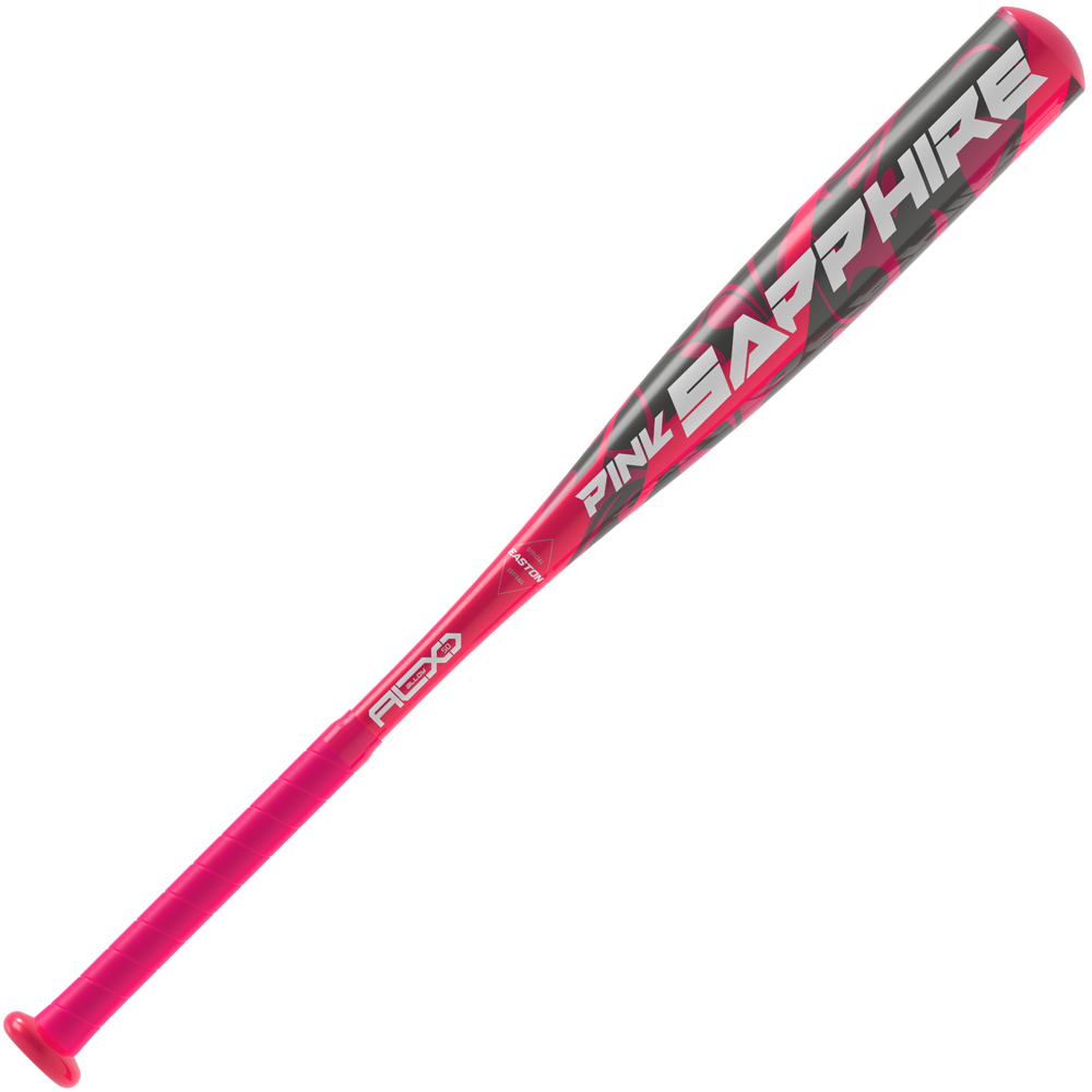The 2025 Easton Pink Sapphire (-10) Fastpitch Softball Bat (EFP5PSA10) stands out with metallic pink and gray design, bold barrel lettering, and a bright pink handle—ideal for players who want a stylish look without sacrificing performance.