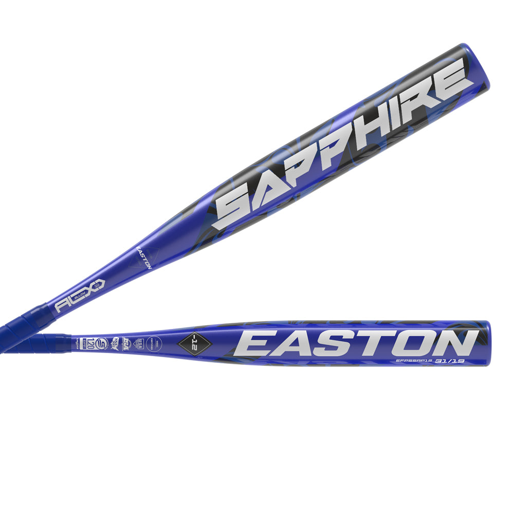 The 2025 Easton Sapphire (-12) Fastpitch Softball Bat (EFP5SAP12) is a blue and black Easton bat, ideal for youth softball players.