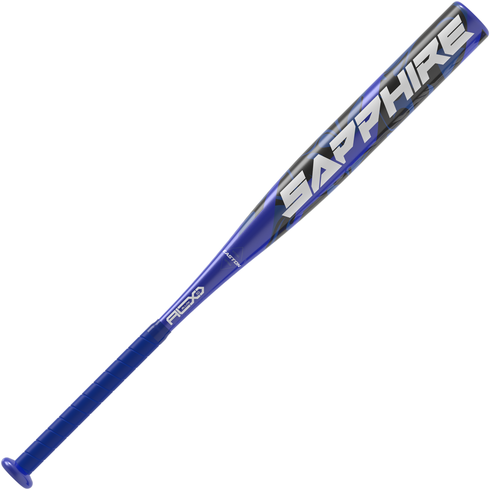 The 2025 Easton Sapphire (-12) Fastpitch Softball Bat (EFP5SAP12) features a blue barrel with bold white "SAPPHIRE" lettering, black and silver accents, and a wrapped grip—ideal for youth players wanting an Easton advantage.