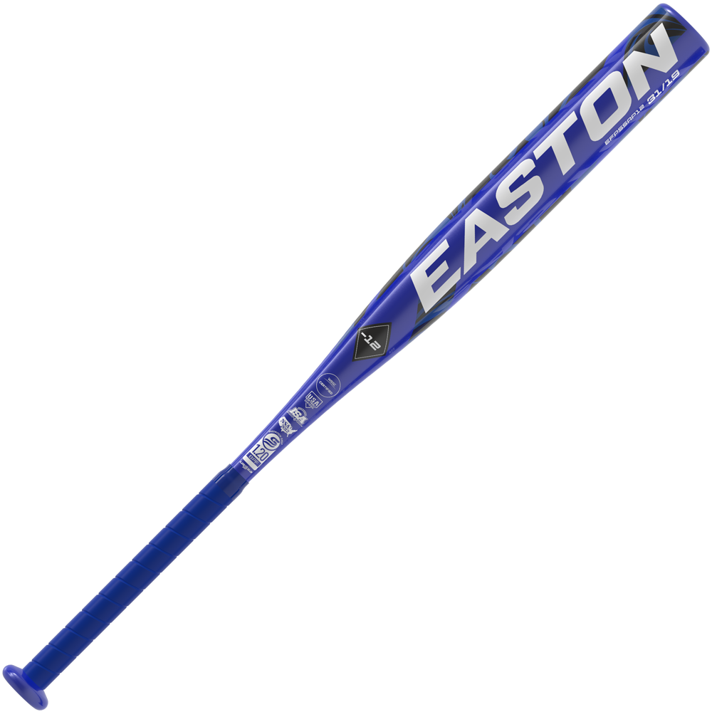 A blue and black 2025 Easton Sapphire (-12) Fastpitch Softball Bat (EFP5SAP12) with a wrapped grip and EASTON in large white letters on the barrel.