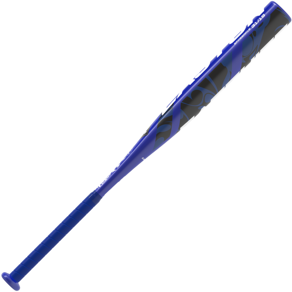 The 2025 Easton Sapphire (-12) Fastpitch Softball Bat (EFP5SAP12) features a blue and black design, a textured handle, and bold graphics, shown diagonally against a white background.