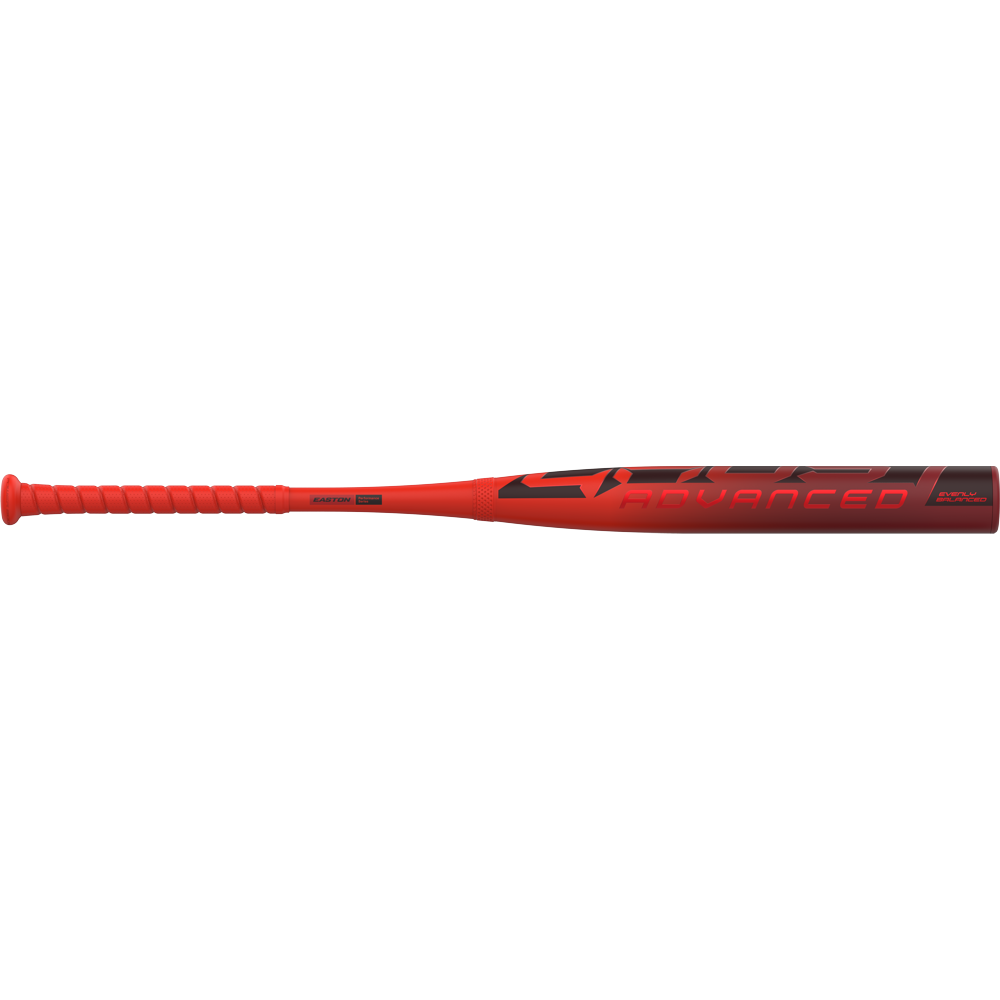 The 2026 Easton Ghost Advanced (-11) Fastpitch Softball Bat by Easton features bold ADVANCED lettering on the barrel, a red and black design, wrapped grip handle, and Double Barrel construction for top performance.