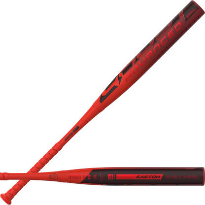 Two red and black 2026 Easton Ghost Advanced (-11) Fastpitch Softball Bats are shown—one highlighting the EASTON logo and Double Barrel construction, the other angled to reveal its handle and Ghost Advanced branding.