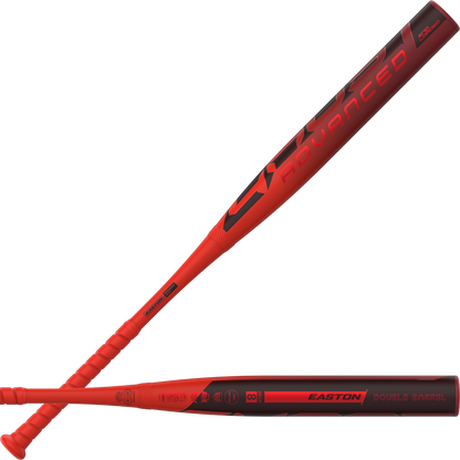 Two red and black Easton Ghost Advanced (-8) Fastpitch Softball Bats (EFP6GHAD8) feature Double Barrel construction. Shown from side and angled views with "ADVANCED" printed on the barrel.