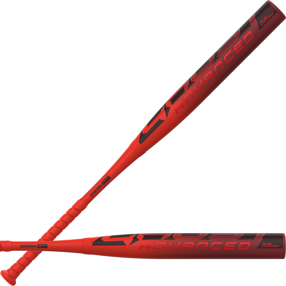 Two Easton Ghost Advanced (-9) Fastpitch Softball Bats, each red with black and gray accents, bold “ADVANCED” near the barrel, textured grip handles, and Double Barrel construction for superior performance.