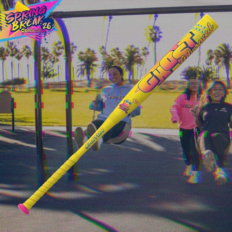 A bright yellow 2026 Easton Ghost Advanced Spring Break (-10) Fastpitch Softball Bat (EFP6GHSY10) stands out in front of a retro photo of three people laughing at a park, with palm trees and the “Spring Break 26 Collection” logo above.