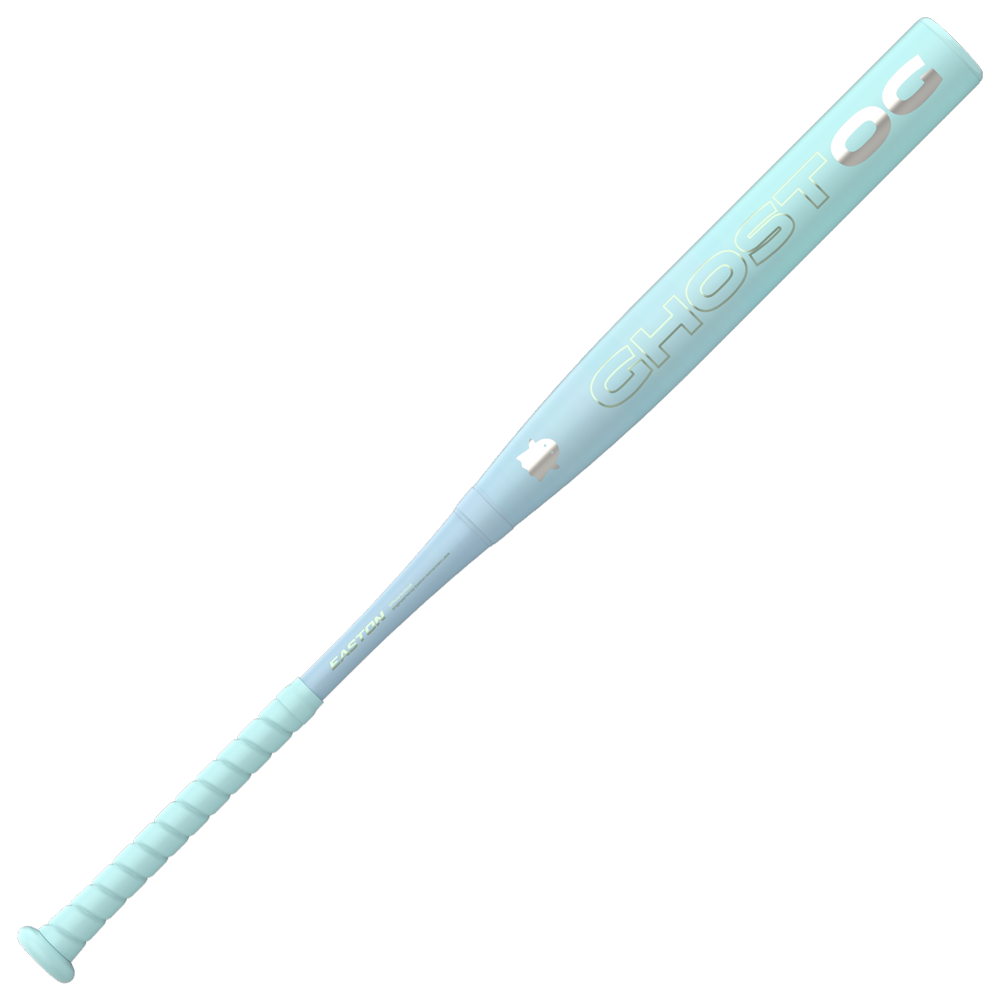 The 2027 Easton Ghost OG (-11) Fastpitch Softball Bat, by Easton, features a bold GHOST logo, matching grip, and durable Sonic Comp composite Double Barrel design in light blue and pale aqua on a plain white background.