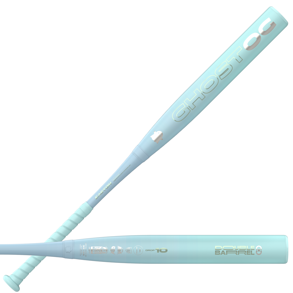 Two views of the 2027 Easton Ghost OG (-11) Fastpitch Softball Bat: EFP7GHOG11 show a light blue and white finish, Double Barrel design, Sonic Comp composite build, white ghost icon, light blue grip, silver accents, and a sleek look.