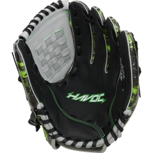 The Easton Havoc 10" Youth Baseball Glove (EHV100B) features a black and green design, offering lasting durability and comfort on the field.