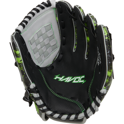 The Easton Havoc 10" Youth Baseball Glove (EHV100B) features a black and green design, offering lasting durability and comfort on the field.