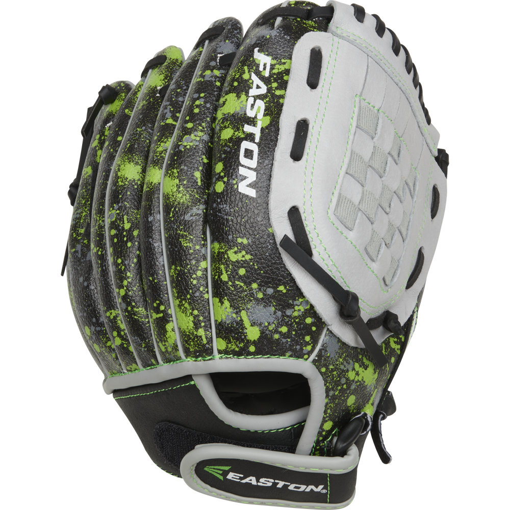 The Easton Havoc 10" Youth Baseball Glove (EHV100B) features a black and gray design with green paint splatter, white laces, and the Easton logo—offering young players a stylish, durable choice on the field.