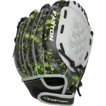 The Easton Havoc 10" Youth Baseball Glove (EHV100B) features a black and gray design with green paint splatter, white laces, and the Easton logo—offering young players a stylish, durable choice on the field.
