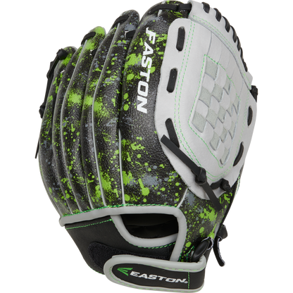 The Easton Havoc 10" Youth Baseball Glove (EHV100B) features a black and gray design with green paint splatter, white laces, and the Easton logo—offering young players a stylish, durable choice on the field.