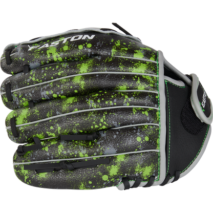 The Easton Havoc 10" Youth Baseball Glove (EHV100B) features a black design with neon green and gray splatter, gray lacing, and the EASTON logo in white—a stylish, durable glove perfect for young players.
