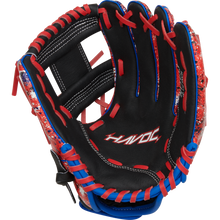 The Easton Havoc 10.5" Youth Baseball Glove (EHV105S) features black leather, red and blue laces, red/white/blue speckled accents, and "HAVOC" printed in white on the palm for a bold look.