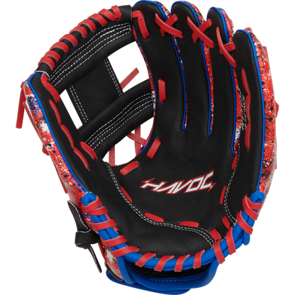 The Easton Havoc 10.5" Youth Baseball Glove (EHV105S) features black leather, red and blue laces, red/white/blue speckled accents, and "HAVOC" printed in white on the palm for a bold look.