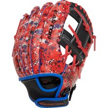 The Easton Havoc 10.5" Youth Baseball Glove (EHV105S) features a red design with blue, white, and black splatter accents, red laces, black finger backing, blue trim, and "Easton" printed on the back.