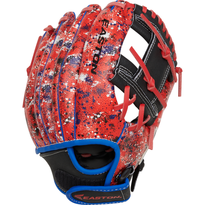 The Easton Havoc 10.5" Youth Baseball Glove (EHV105S) features a red design with blue, white, and black splatter accents, red laces, black finger backing, blue trim, and "Easton" printed on the back.