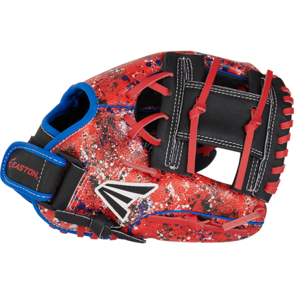 The Easton Havoc 10.5" Youth Baseball Glove (EHV105S) features a red shell, black web, splatter pattern, blue lining, black/red laces, and a white/black Easton logo—making it a durable and stylish choice for young players.