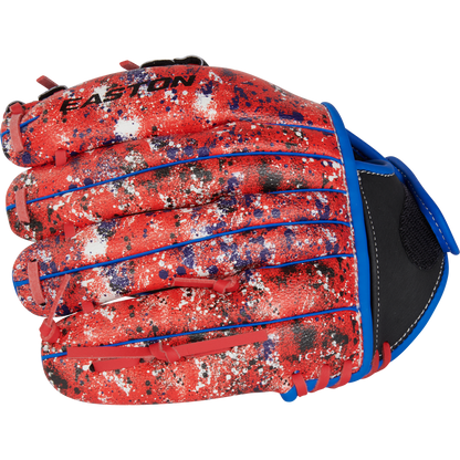 The Easton Havoc 10.5" Youth Baseball Glove: EHV105S is shown closed with the palm side hidden, featuring a red design with blue lacing, white, black, and blue paint splatters, and the EASTON logo on top.