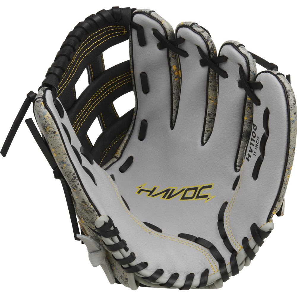 A close-up of the Easton Havoc 11" Youth Baseball Glove (EHV110G) in white and gray with black and yellow stitching, showing its webbed pocket and interior—perfect for young players.