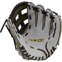 A close-up of the Easton Havoc 11" Youth Baseball Glove (EHV110G) in white and gray with black and yellow stitching, showing its webbed pocket and interior—perfect for young players.