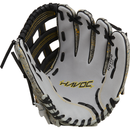 A close-up of the Easton Havoc 11" Youth Baseball Glove (EHV110G) in white and gray with black and yellow stitching, showing its webbed pocket and interior—perfect for young players.