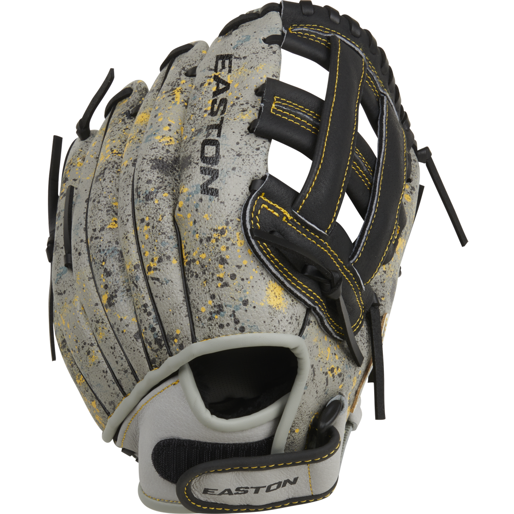 The Easton Havoc 11" Youth Baseball Glove (EHV110G) features a gray and black design with yellow stitching, paint splatter accents, an open web, and adjustable wrist strap—ideal as an infield glove for young players.