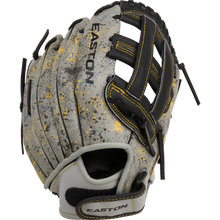 The Easton Havoc 11" Youth Baseball Glove (EHV110G) features a gray and black design with yellow stitching, paint splatter accents, an open web, and adjustable wrist strap—ideal as an infield glove for young players.