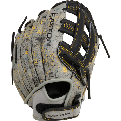 The Easton Havoc 11" Youth Baseball Glove (EHV110G) features a gray and black design with yellow stitching, paint splatter accents, an open web, and adjustable wrist strap—ideal as an infield glove for young players.