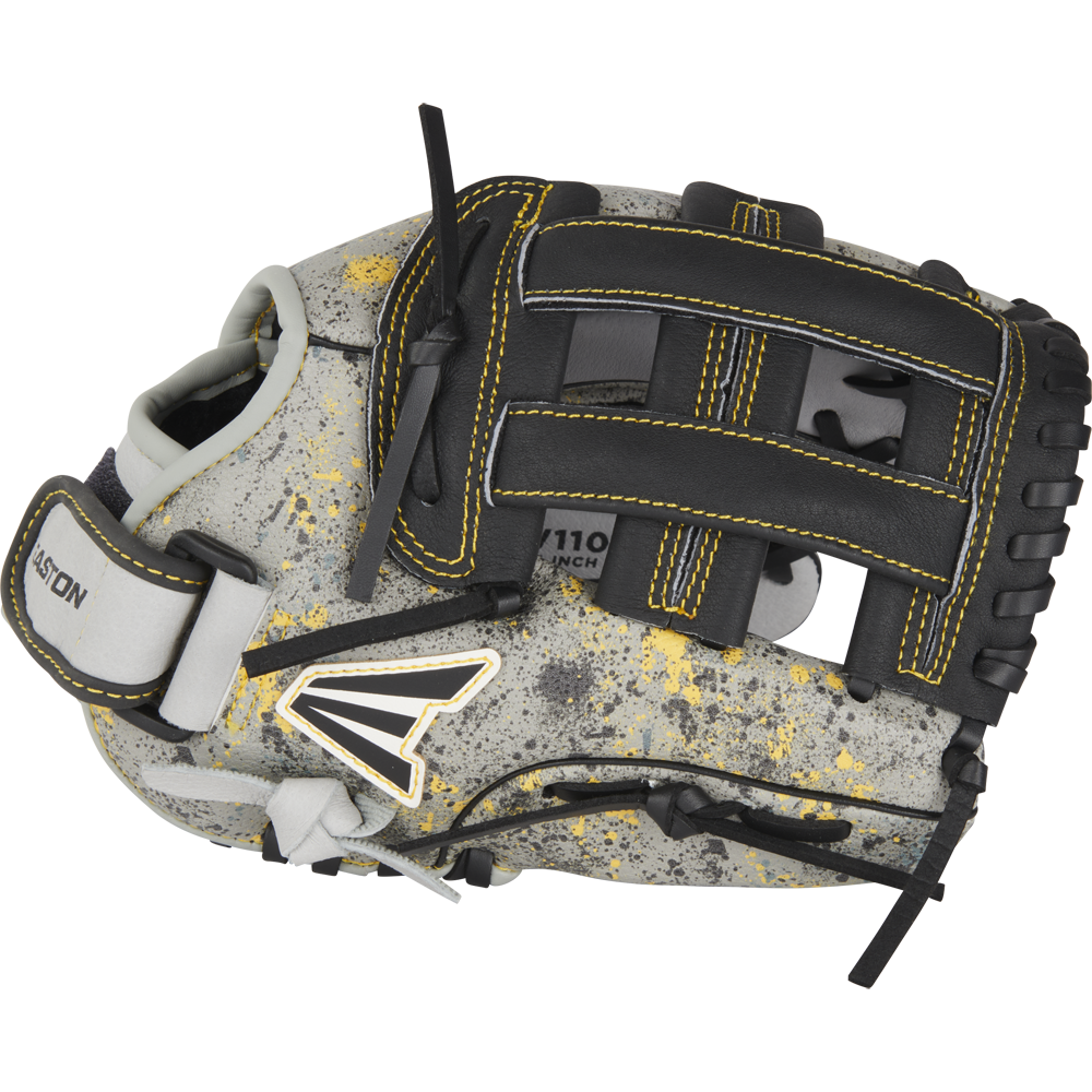 The Easton Havoc 11" Youth Baseball Glove (EHV110G) features grey leather with black/yellow accents, black lacing, yellow stitching, paint-splatter pattern, open web design, and the Easton logo—ideal for young infielders.