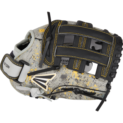 The Easton Havoc 11" Youth Baseball Glove (EHV110G) features grey leather with black/yellow accents, black lacing, yellow stitching, paint-splatter pattern, open web design, and the Easton logo—ideal for young infielders.