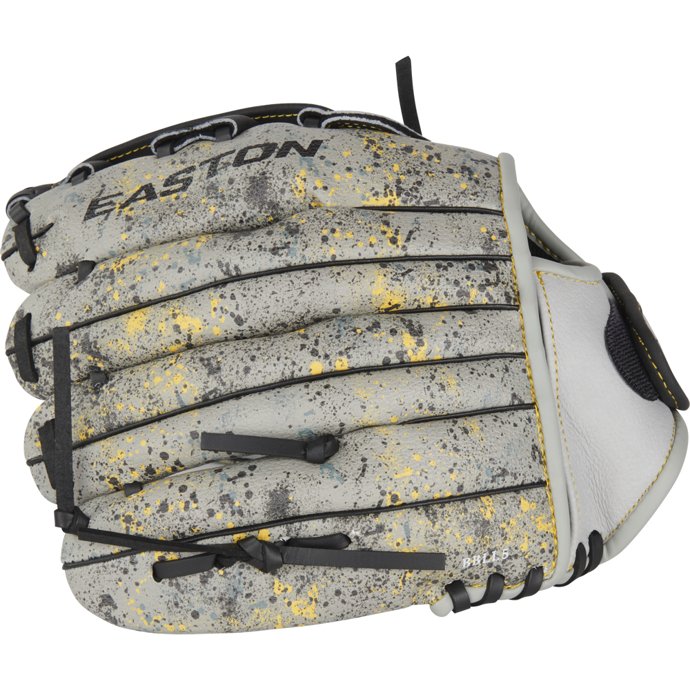 The Easton Havoc 11" Youth Baseball Glove: EHV110G is a gray infield glove with black laces, a yellow and black splatter pattern, and EASTON branding—perfect for young baseball players.