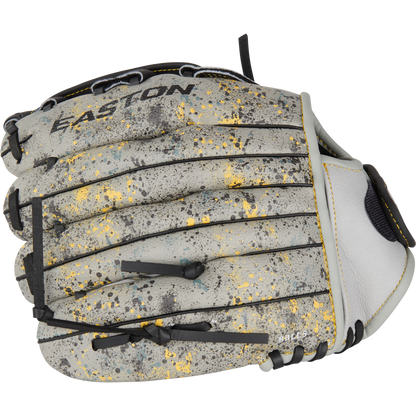 The Easton Havoc 11" Youth Baseball Glove: EHV110G is a gray infield glove with black laces, a yellow and black splatter pattern, and EASTON branding—perfect for young baseball players.