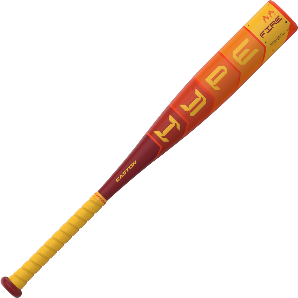 The 2025 Easton Hype Fire JBB (-10) USSSA Baseball Bat features a bold red and yellow design with "HYPE" in yellow, "EASTON" near the handle, FIRE branding on the barrel, and advanced Thermo-Composite technology for top performance.