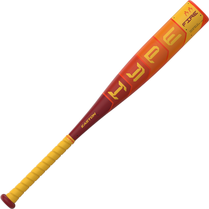 The 2025 Easton Hype Fire JBB (-10) USSSA Baseball Bat features a bold red and yellow design with "HYPE" in yellow, "EASTON" near the handle, FIRE branding on the barrel, and advanced Thermo-Composite technology for top performance.