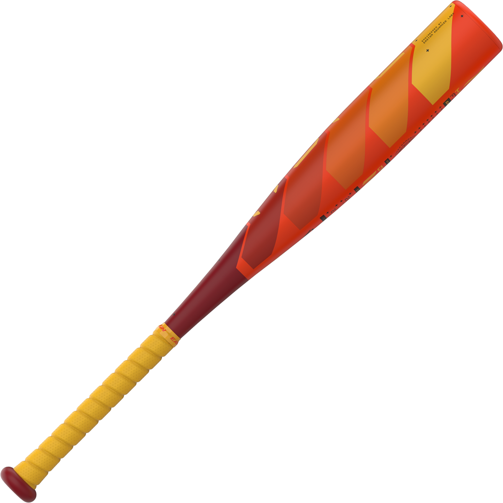 The 2025 Easton Hype Fire JBB (-10) 2 3/4" USSSA Baseball Bat (EJB5HYP10) features a red and orange geometric barrel, yellow grip handle, and advanced Thermo-Composite tech by Easton, set against a white background.