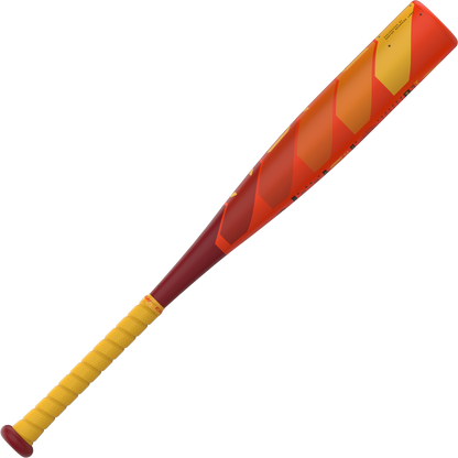 The 2025 Easton Hype Fire JBB (-10) 2 3/4" USSSA Baseball Bat (EJB5HYP10) features a red and orange geometric barrel, yellow grip handle, and advanced Thermo-Composite tech by Easton, set against a white background.